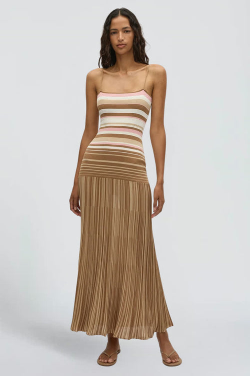 Striped Knit Maxi Dress with Pleated Skirt