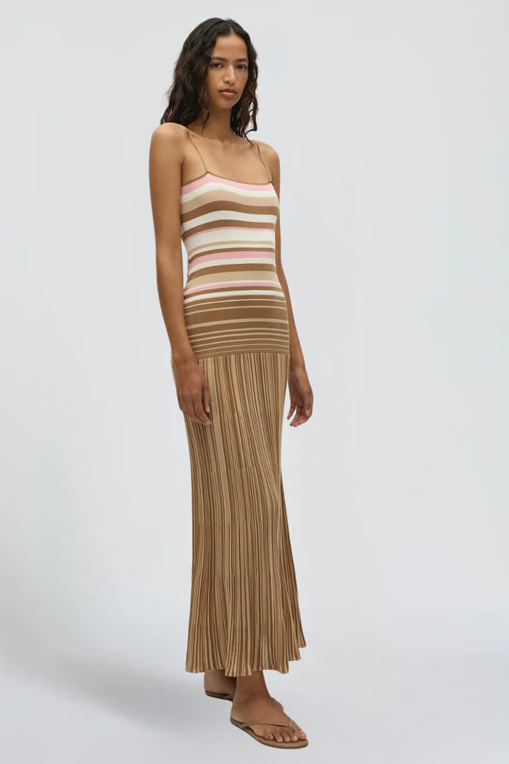Striped Knit Maxi Dress with Pleated Skirt