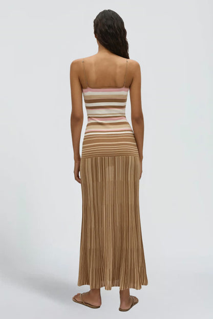Striped Knit Maxi Dress with Pleated Skirt
