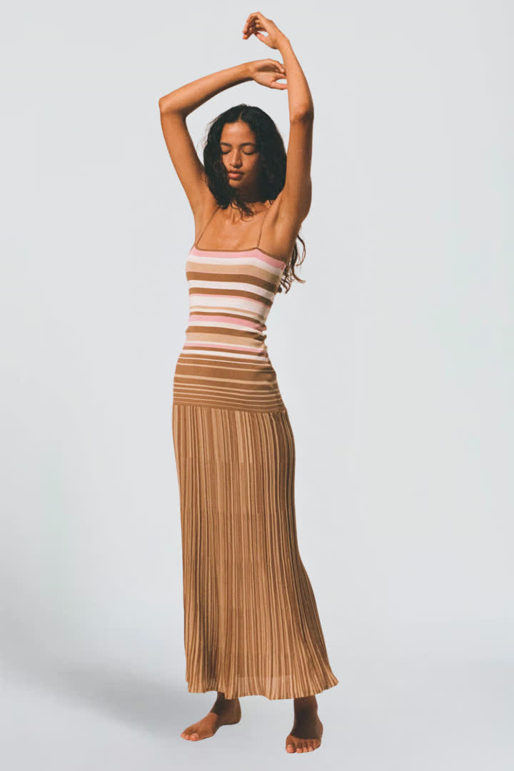 Striped Knit Maxi Dress with Pleated Skirt