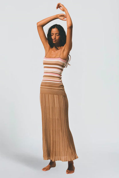 Striped Knit Maxi Dress with Pleated Skirt