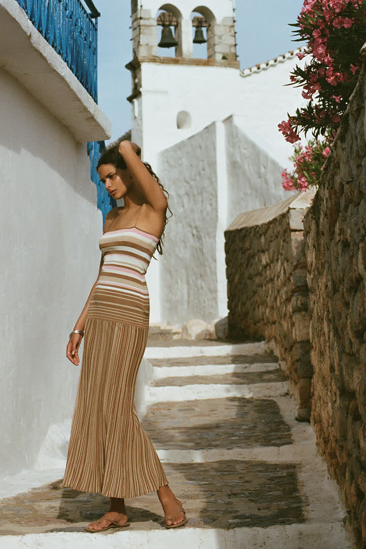 Striped Knit Maxi Dress with Pleated Skirt